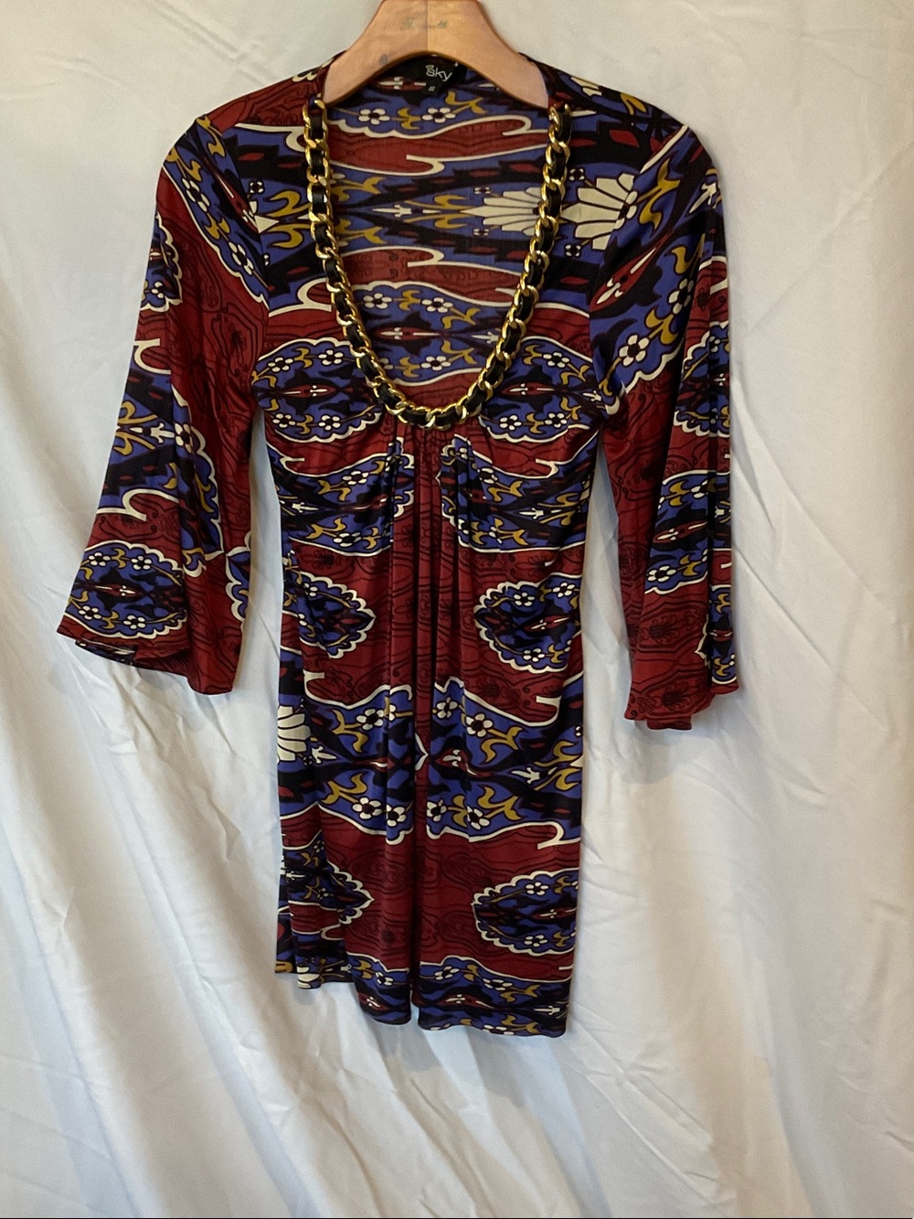 Sky Maroon, Blue & Gold Patterned Mini Dress